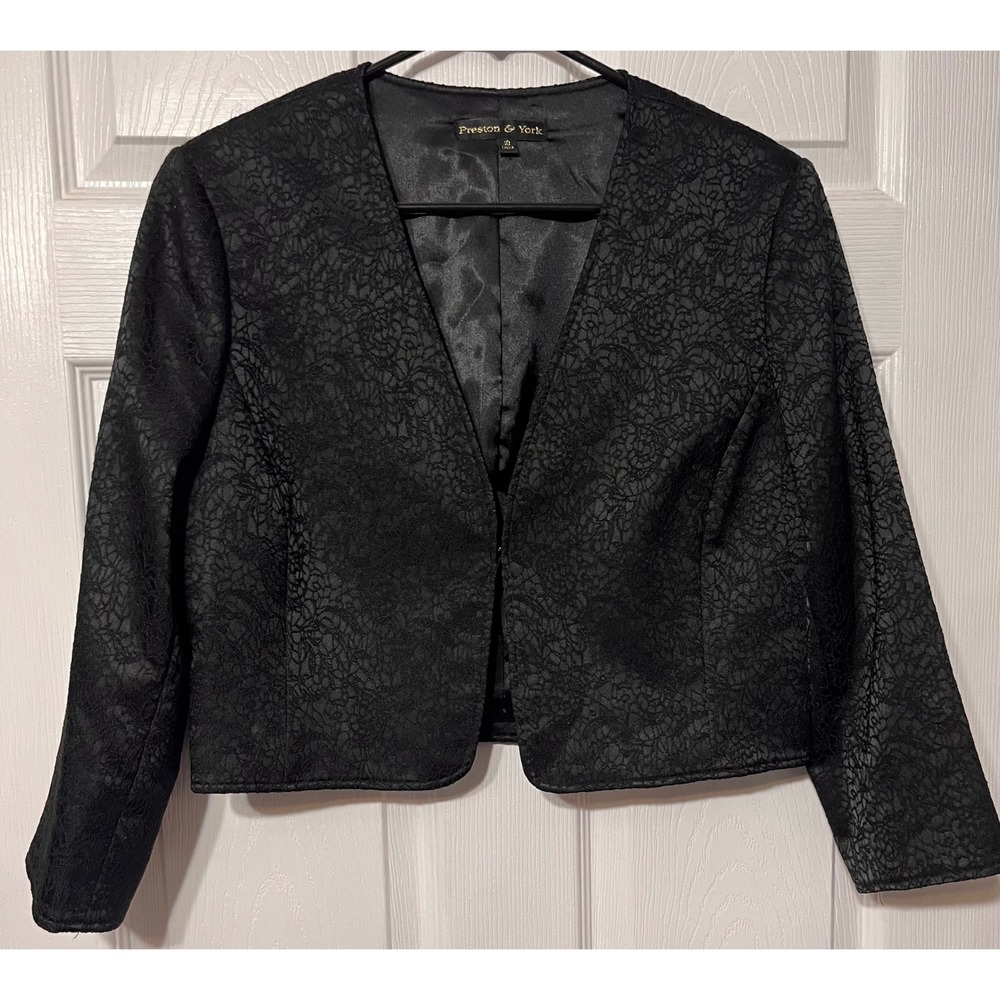 Preston & York Black Lace Brocade Cropped Blazer Jacket Collarless Size 10